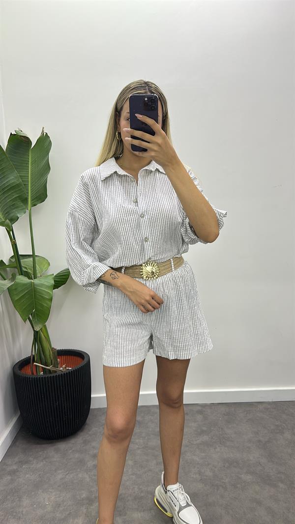 Kemerli Keten Şortlu Takım