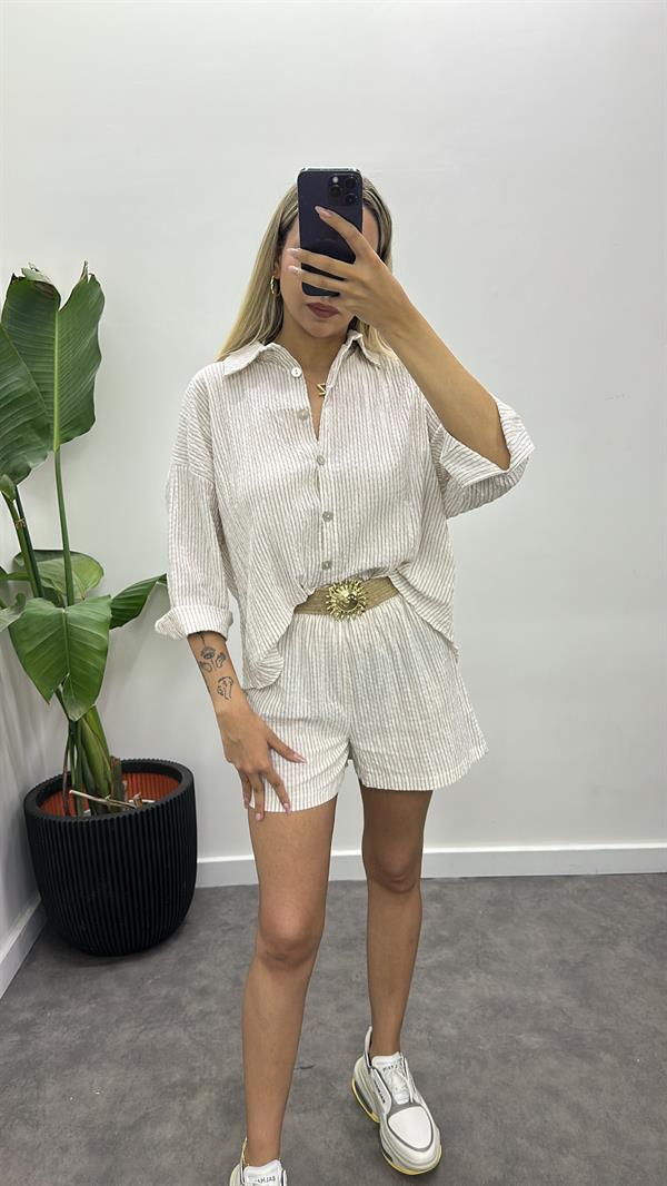 Kemerli Keten Şortlu Takım