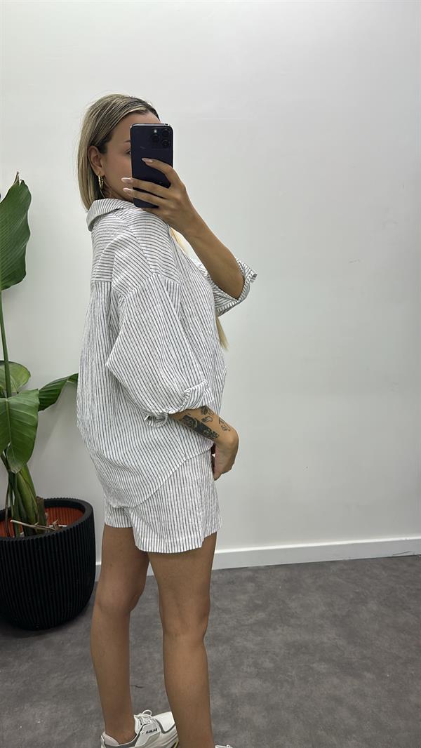 Kemerli Keten Şortlu Takım