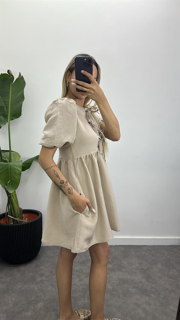 Kurdele Detay Keten Elbise
