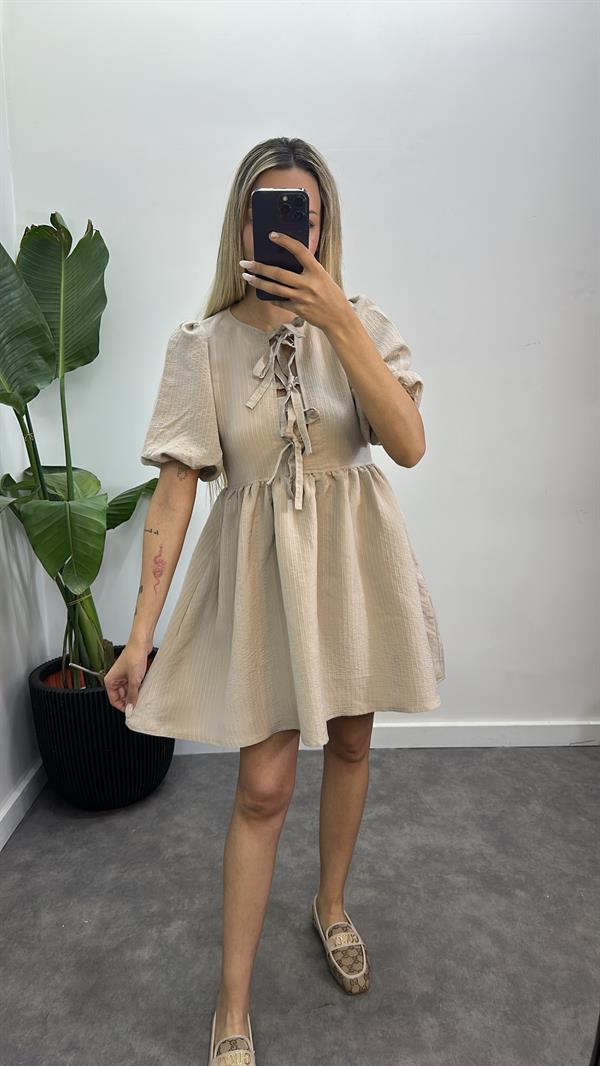 Kurdele Detay Keten Elbise