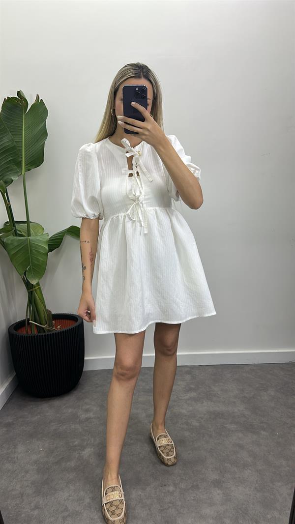 Kurdele Detay Keten Elbise