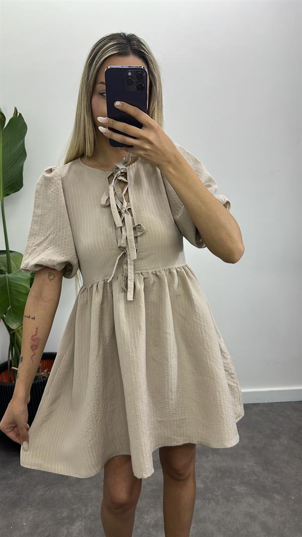Kurdele Detay Keten Elbise
