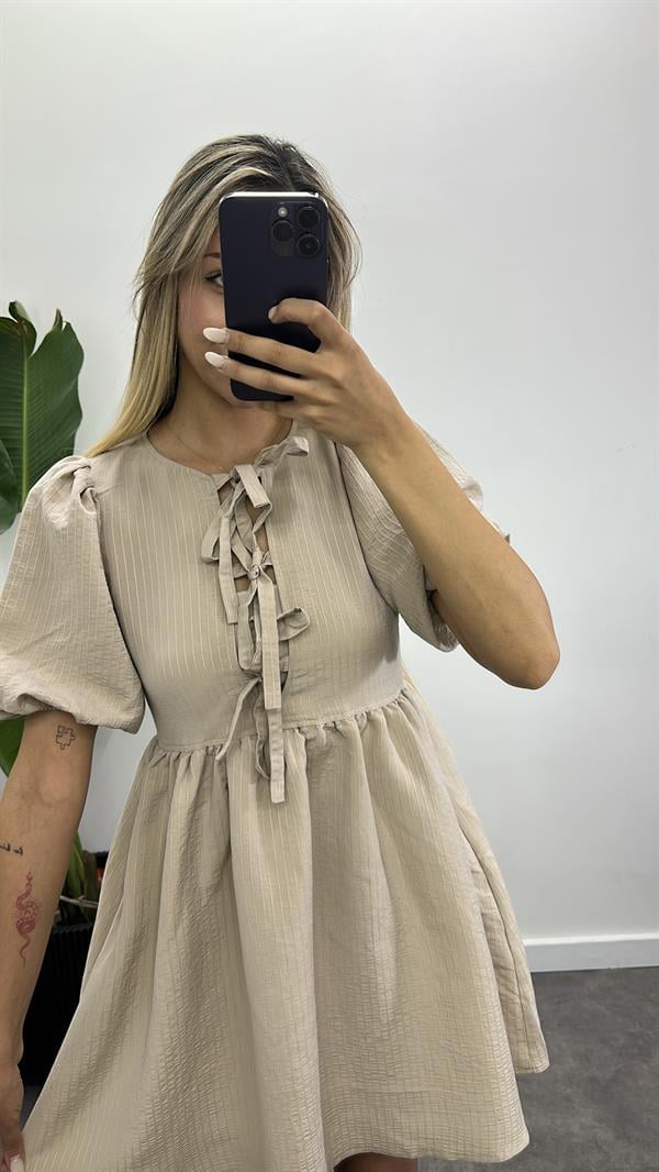 Kurdele Detay Keten Elbise