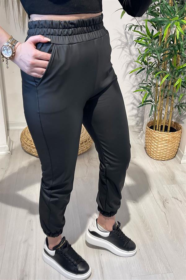 Lastikli Deri Pantolon