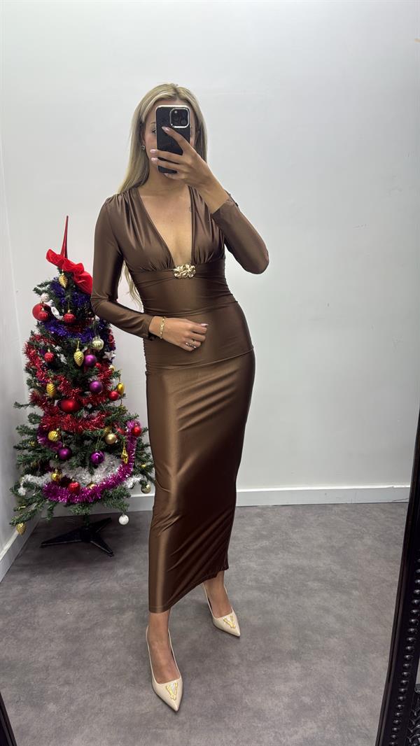 Saten Dekolte Aksesuar Elbise