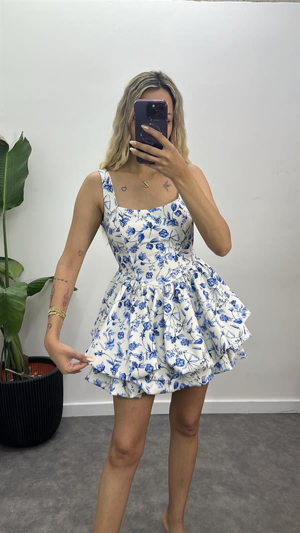 Tasarım Çiçek Desenli Volanlı Elbise