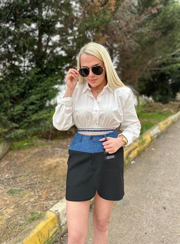 Vatkalı Şeritli Crop Gömlek