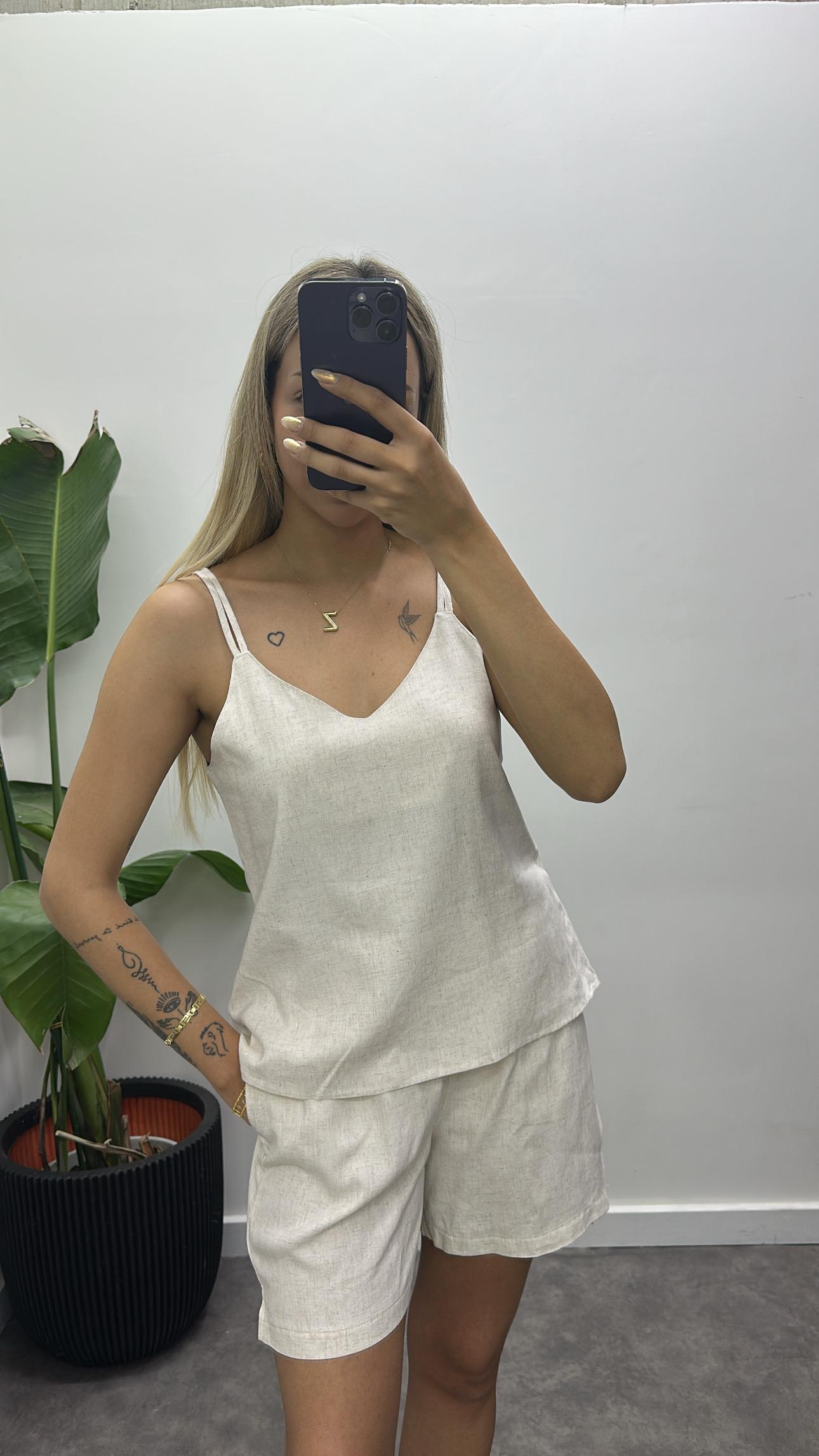 Askılı Keten Şortlu Takım