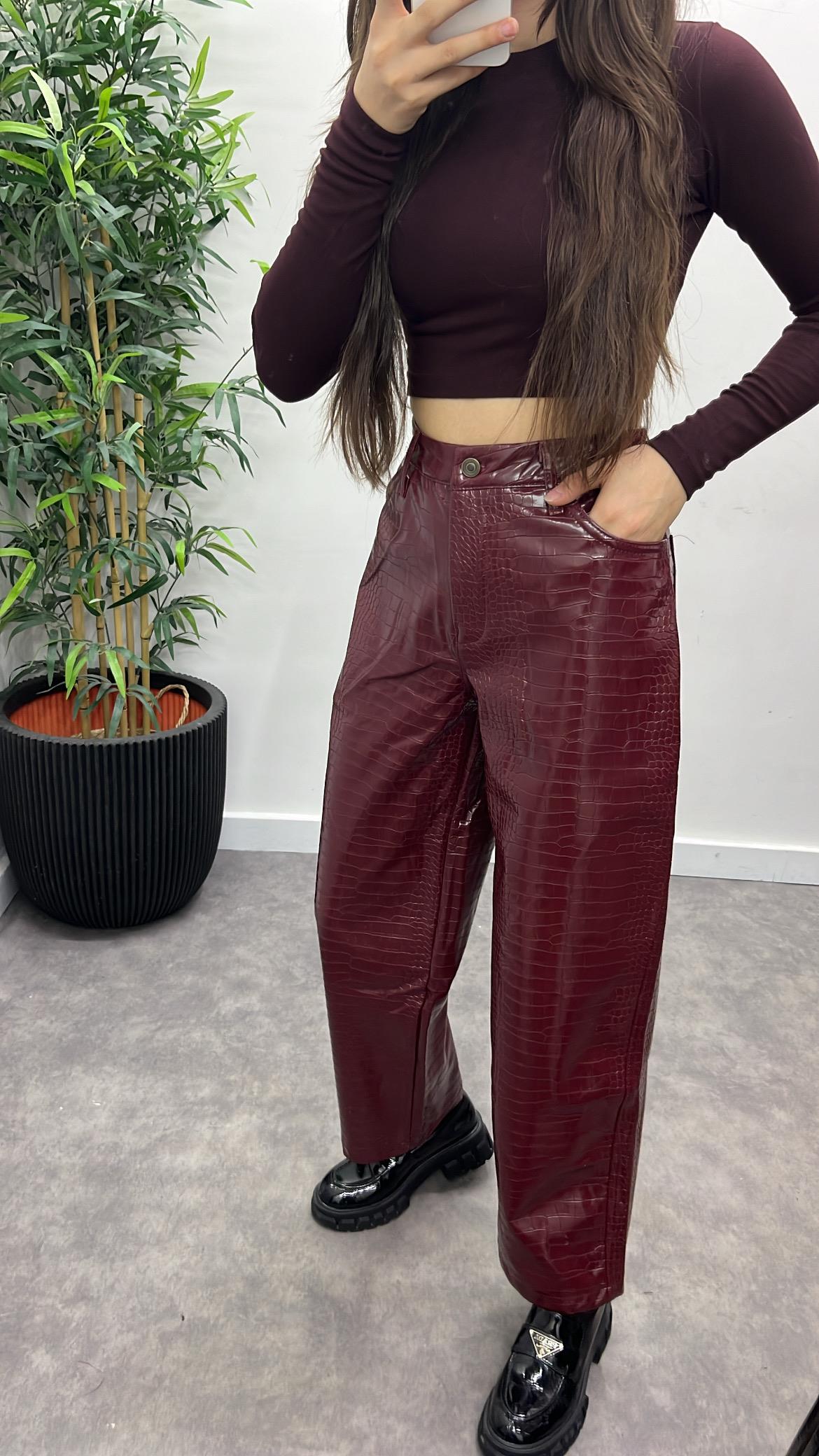 Kroko Desenli Deri Pantolon