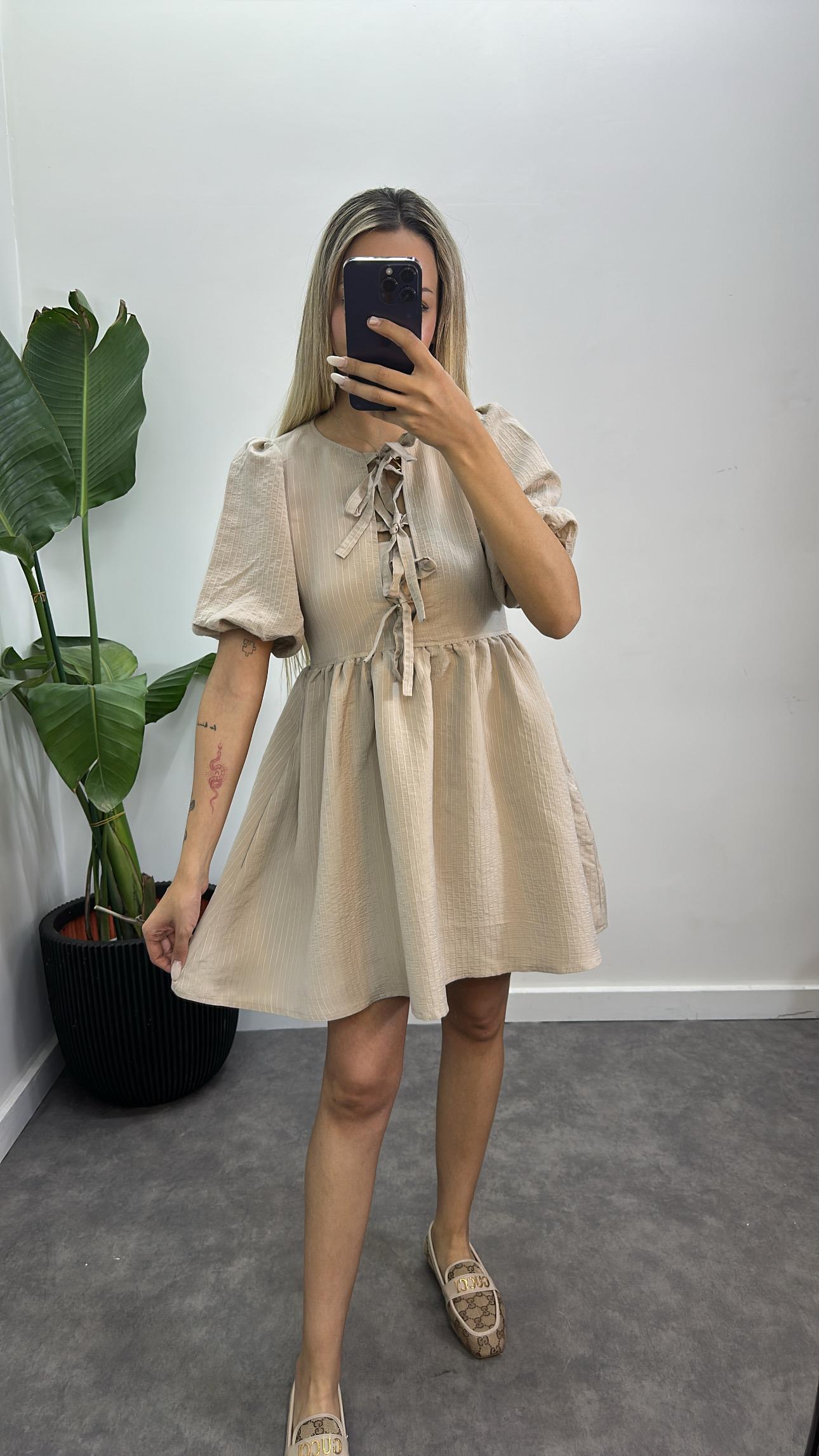 Kurdele Detay Keten Elbise