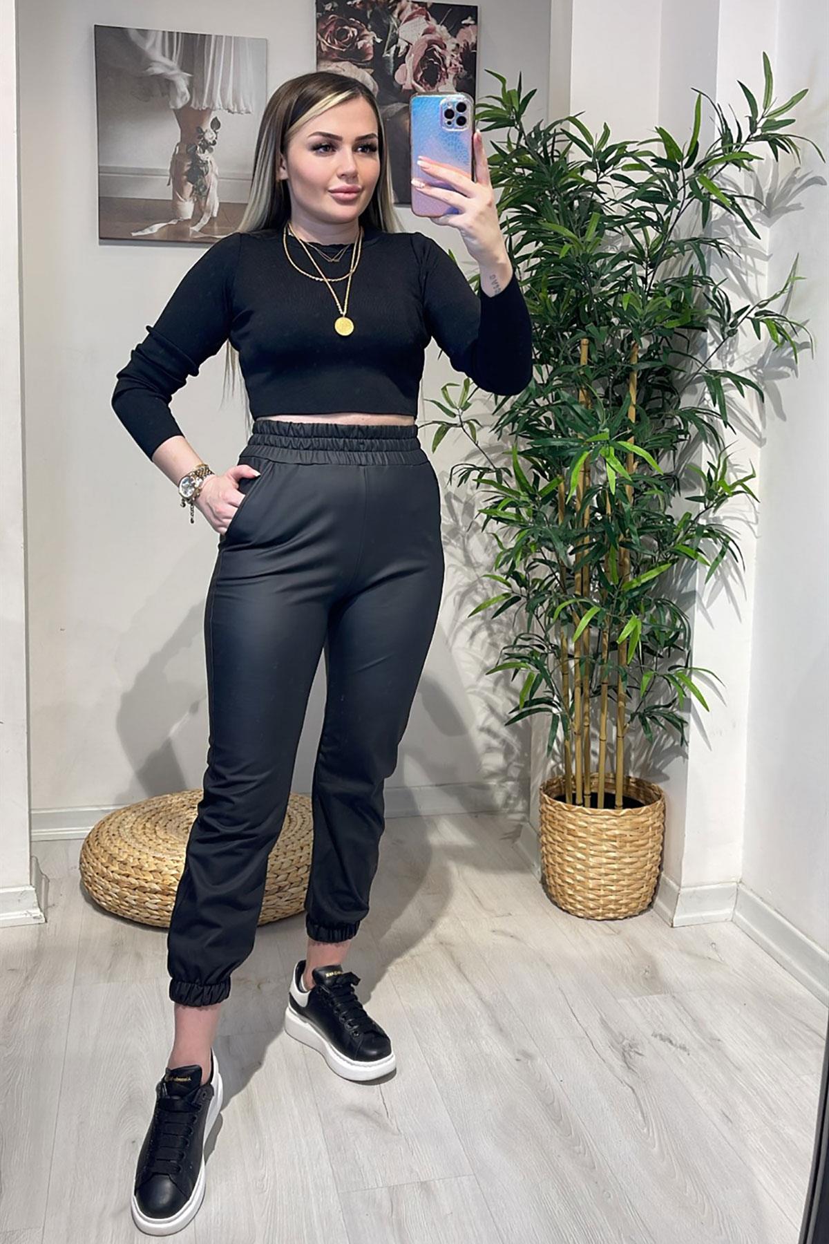 LASTİKLİ DERİ PANTALON