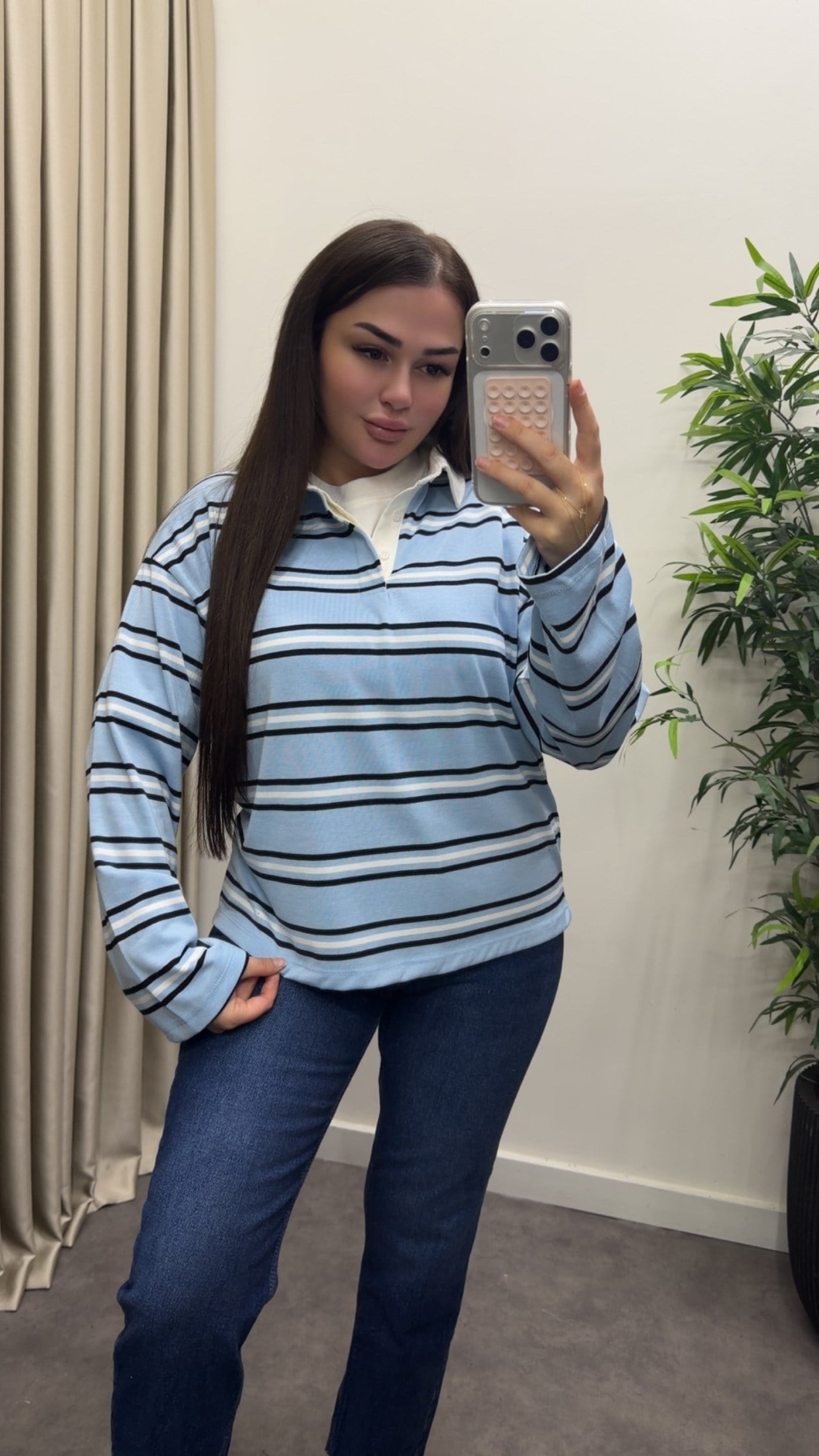 Polo Yaka Çizgili Basic Bluz