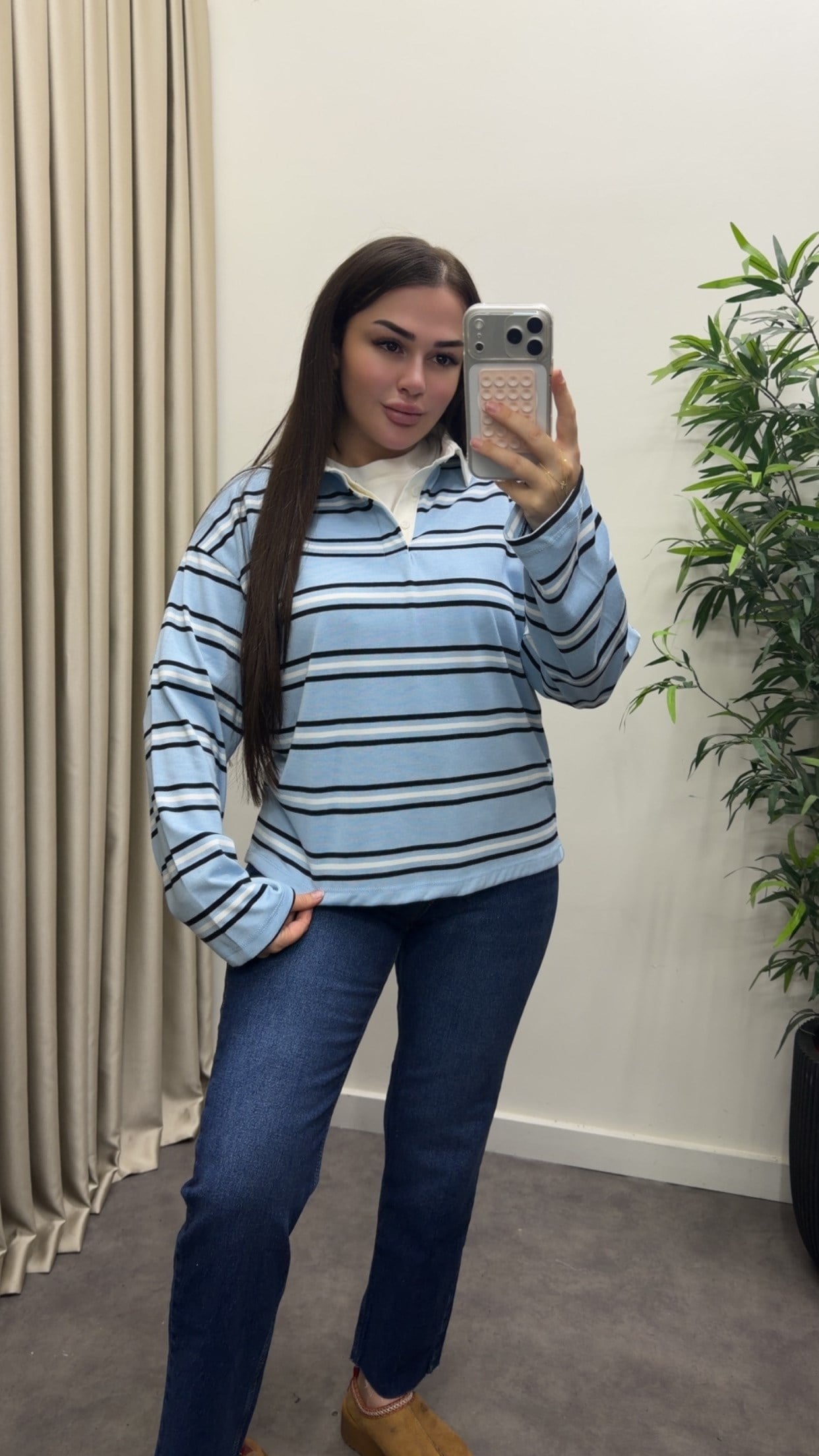 Polo Yaka Çizgili Basic Bluz