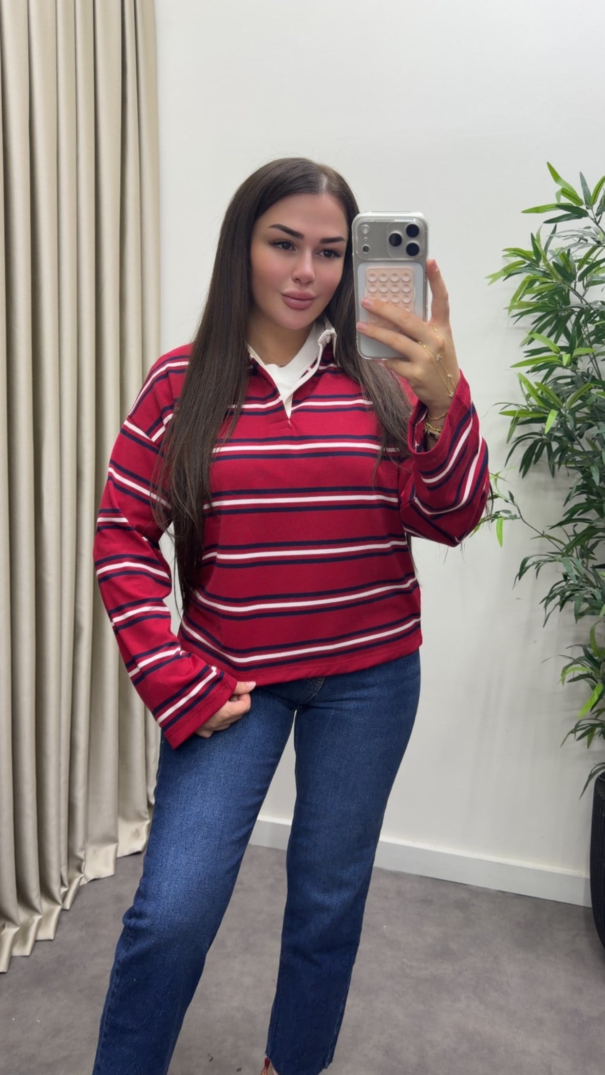 Polo Yaka Çizgili Basic Bluz