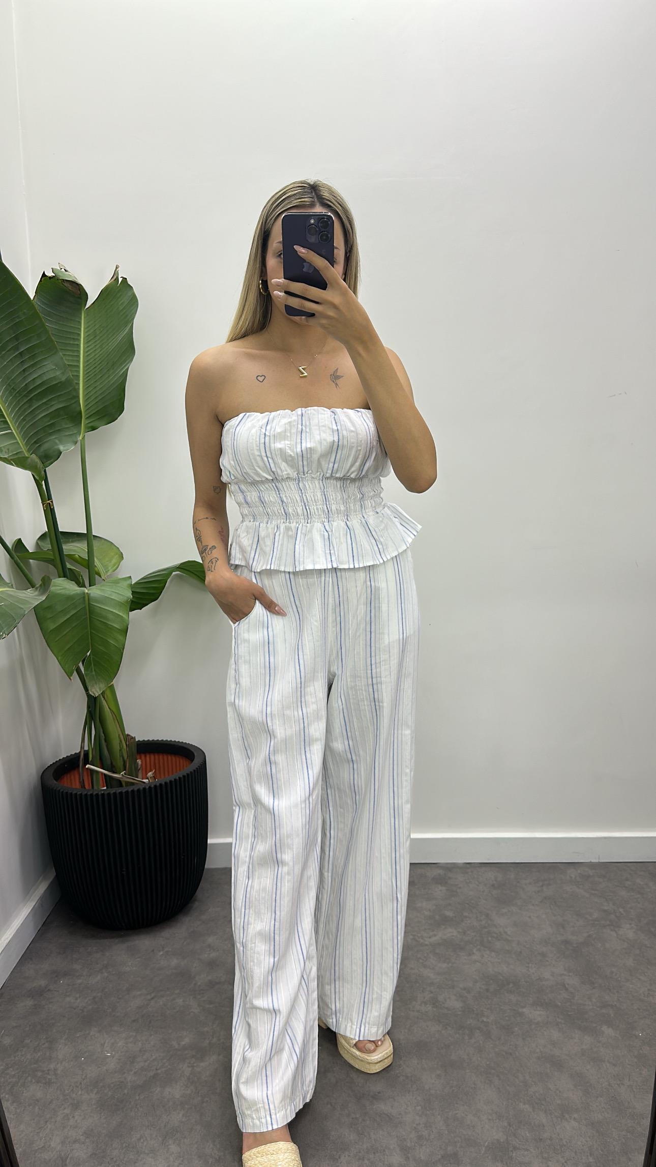 Straplez Çizgili Keten Takım