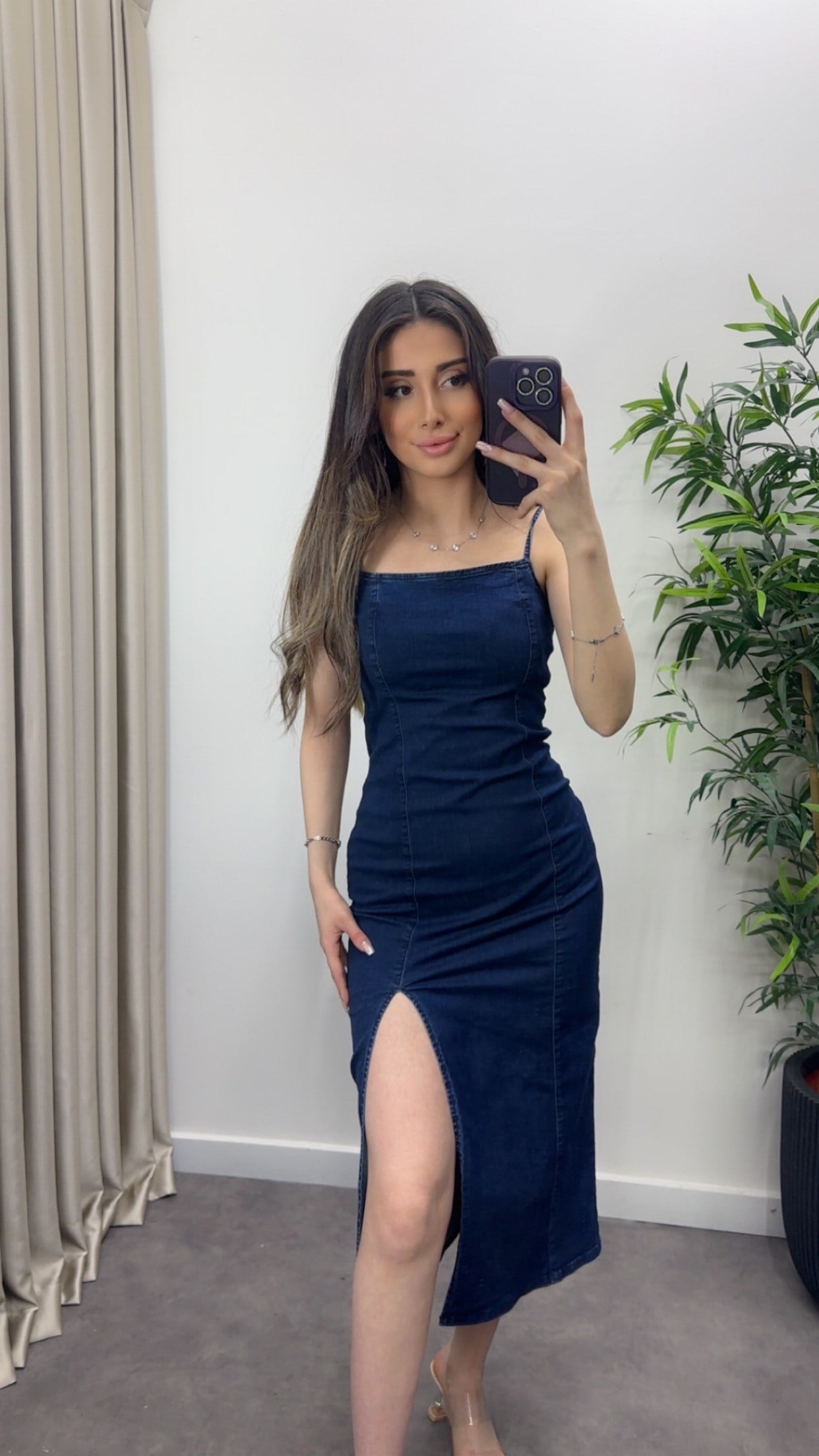 Yırtmaçlı Likra Jean Elbise