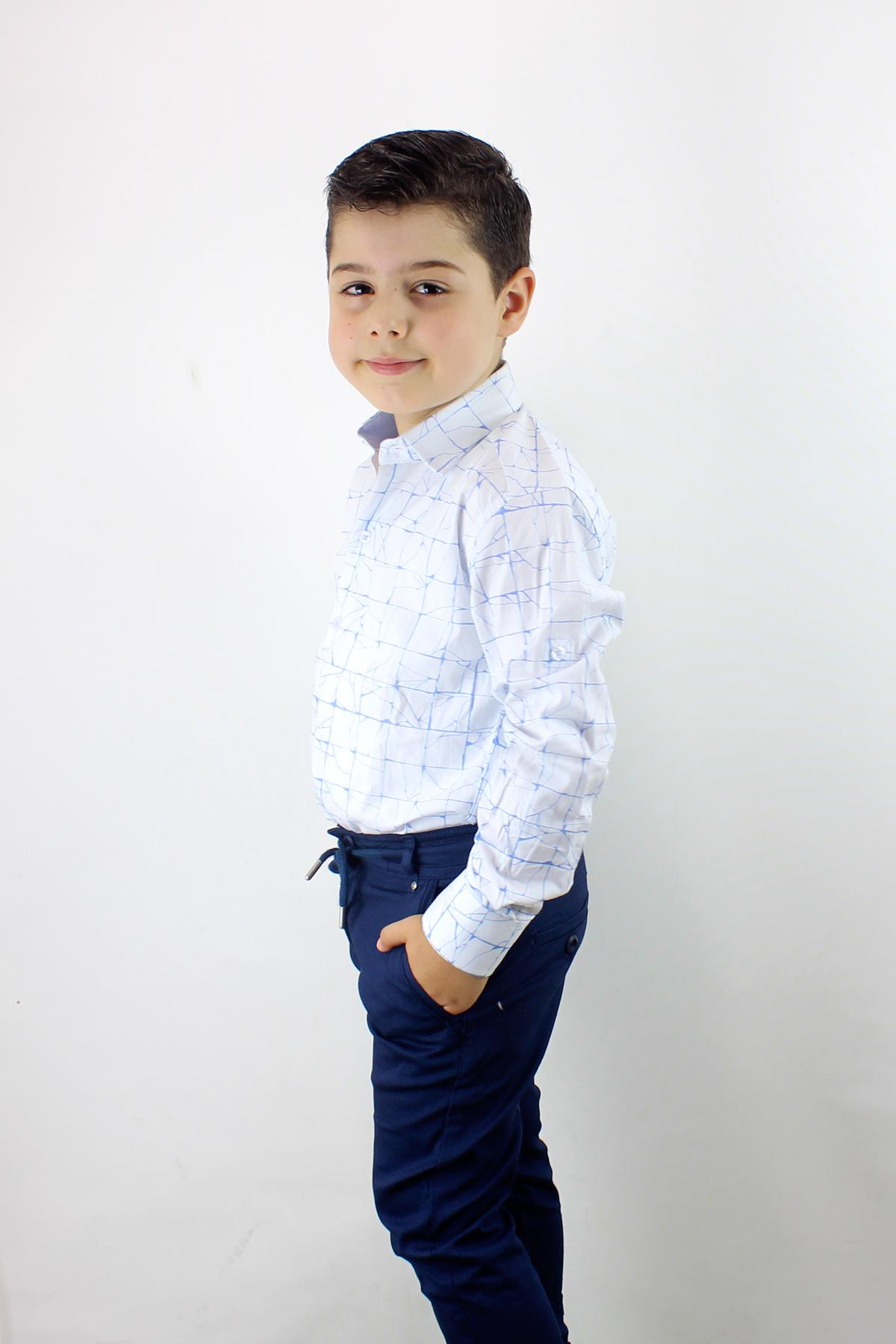 1-14 Yaş Erkek Çocuk Katlanır Kollu Kareli Slim Fit Gömlek MAVİ