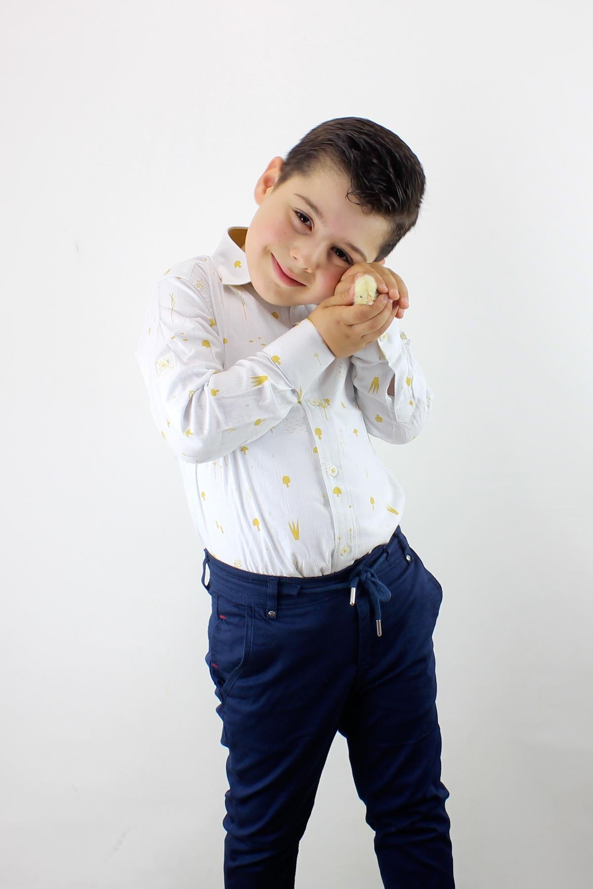 1-14 Yaş Erkek Çocuk Katlanır Kollu Slim Fit Gömlek SARI