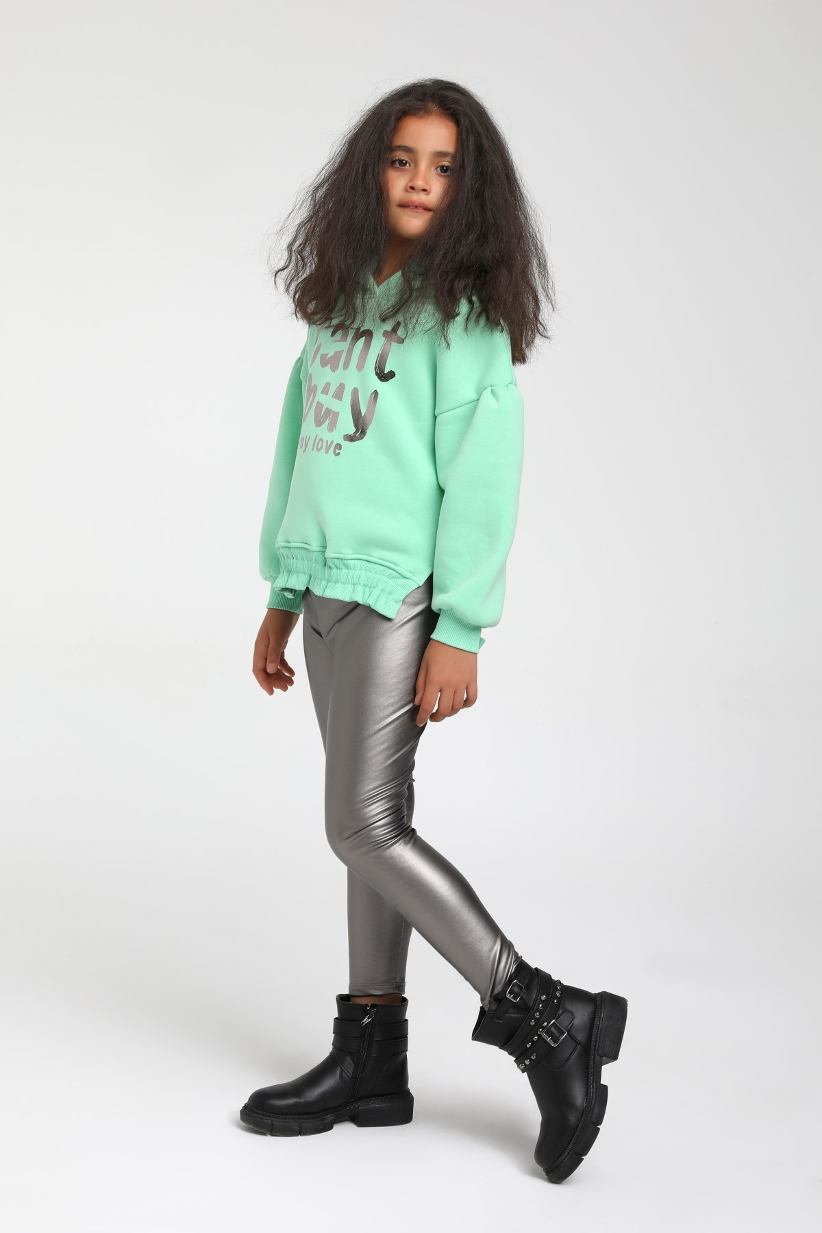 4-14 Yaş Escabel Kız Çocuk Salash Kesim Kapişonlu Sweatshirt YEŞİL