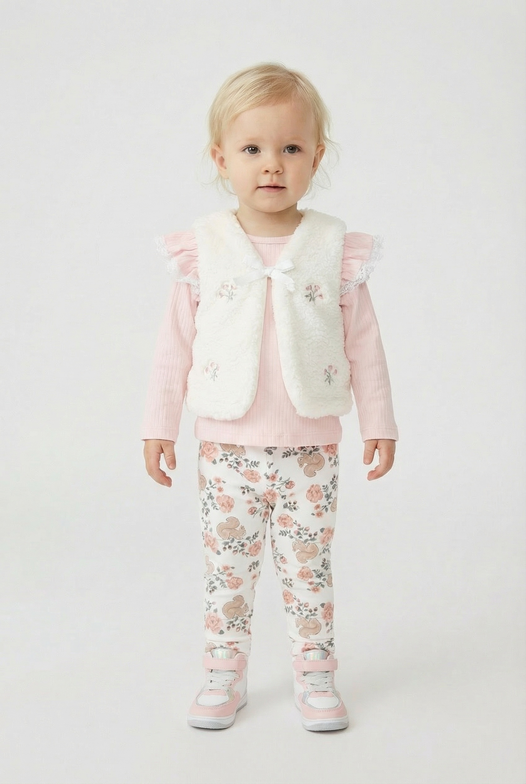 Kız Bebek Peluş Yelekli Tayt Takım Pembe