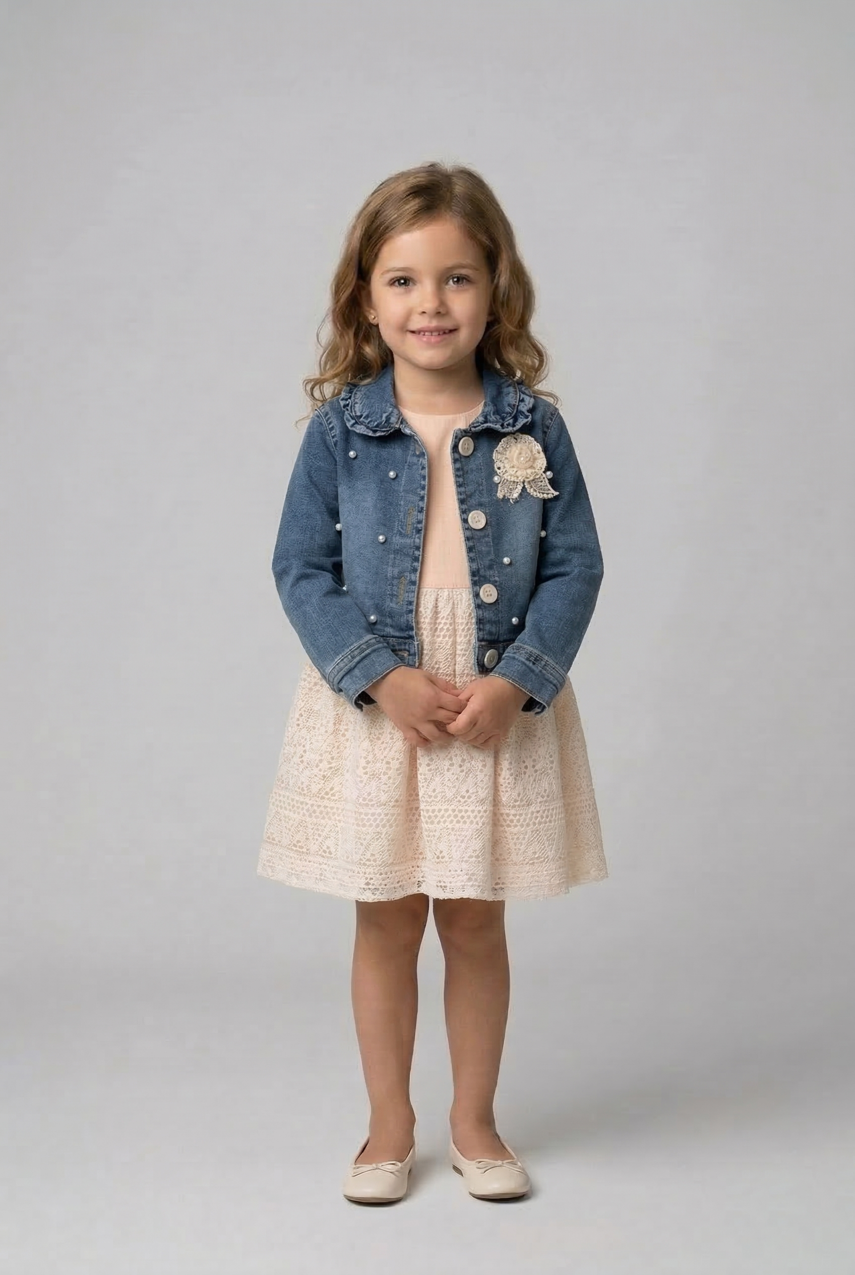 Kız Çocuk İncili Kot Ceket Ve Elbise Takım Bej