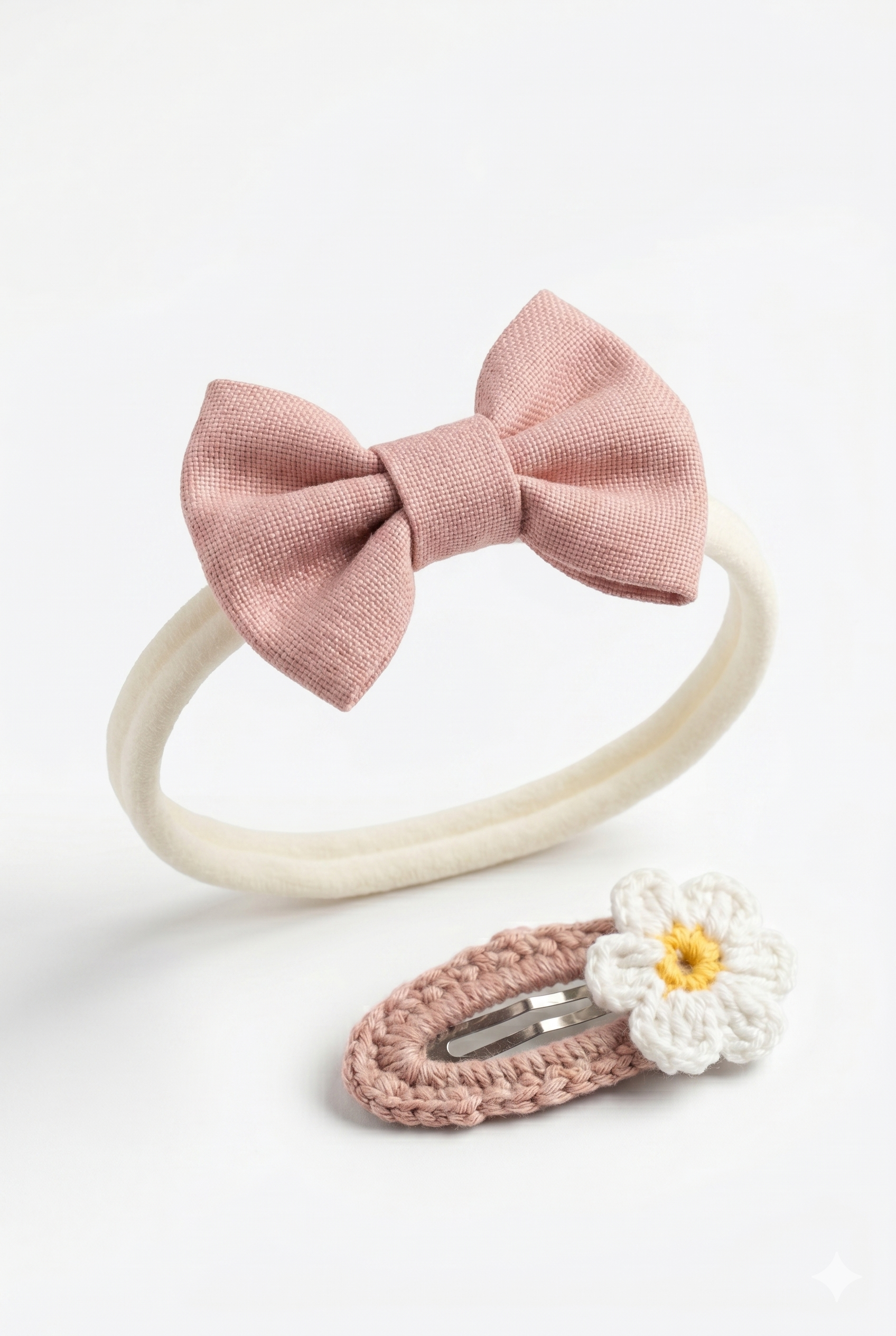 Kız Bebek Fiyonk Saç Bandı Ve Örgü Toka Set Pembe