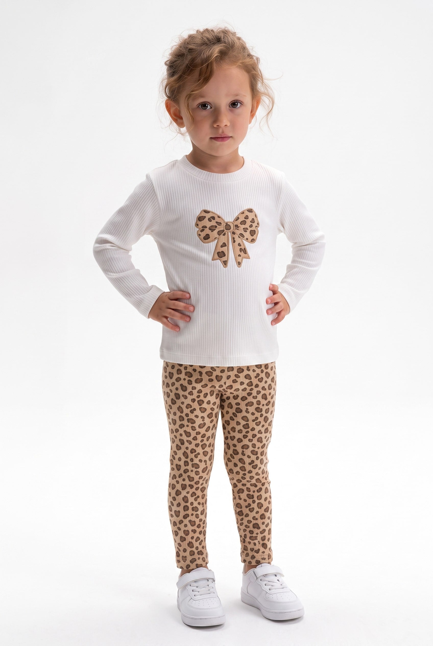 4-8 Yaş Kız Çocuk Leopard Fine Ribana Takım Krem