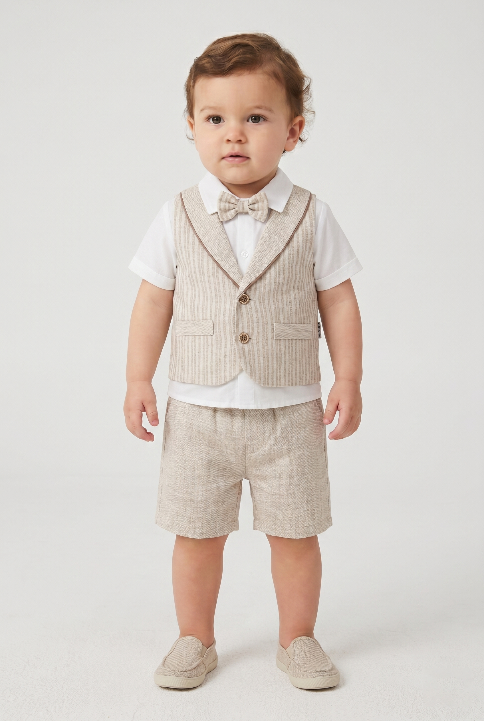 Erkek Bebek Yelek Parçalı Papyon Şort Takım Bej