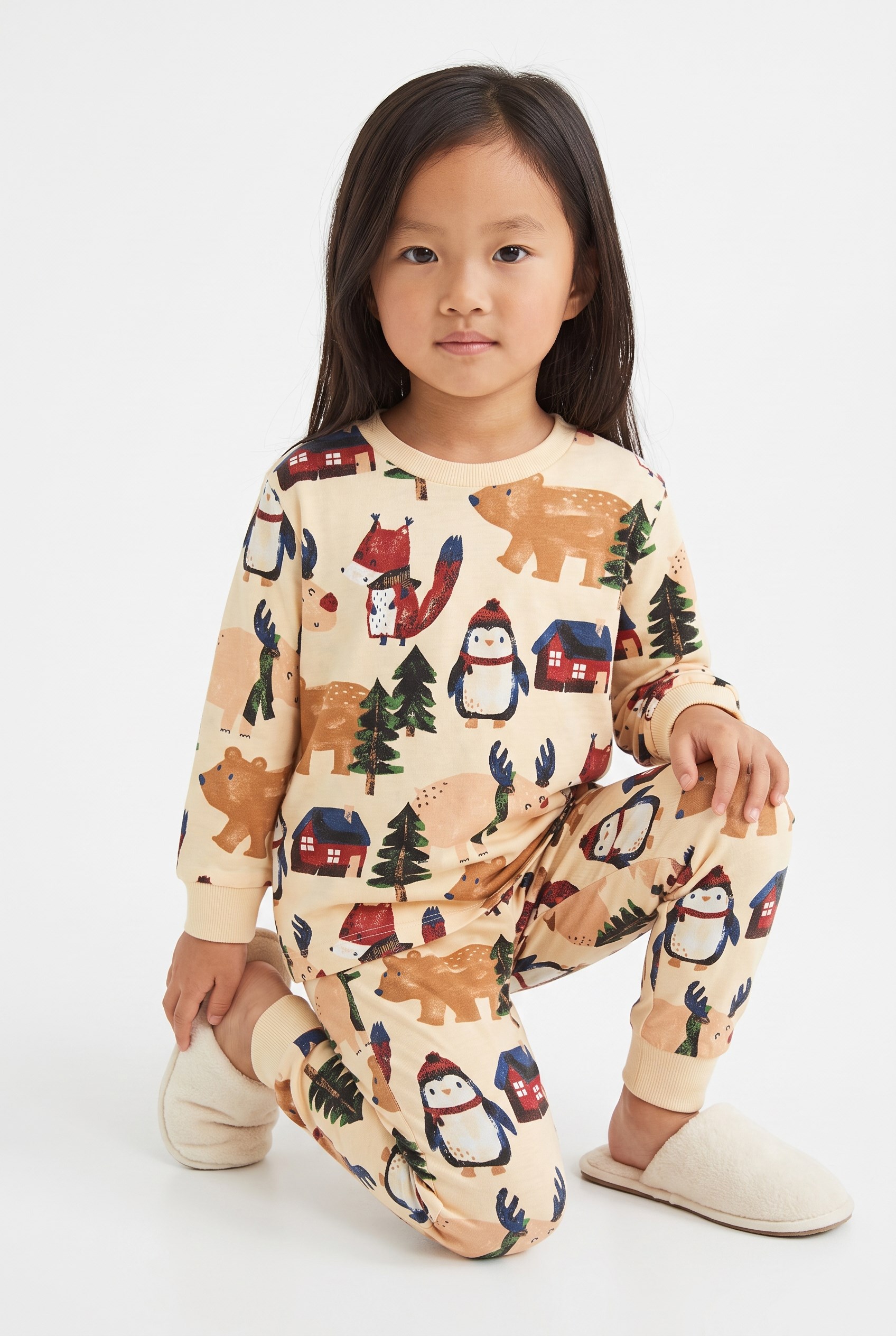 4-8 Yaş Jungel Animals Pamuklu Çocuk Pijama Takım Bej