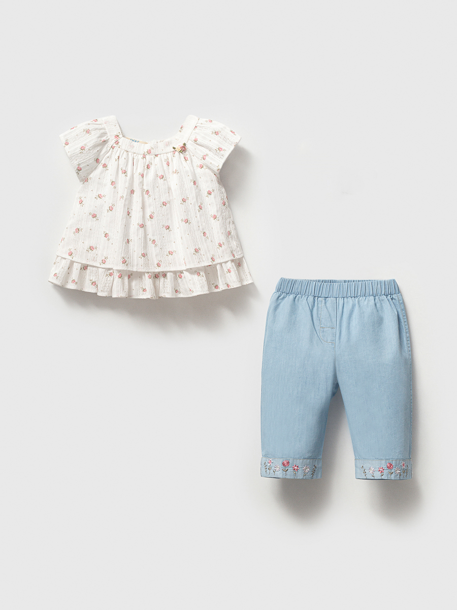 Çiçek Desenli Fırfırlı Bluz Ve İşlemeli Denim Pantolonlu Kız Bebek Takım Mavi