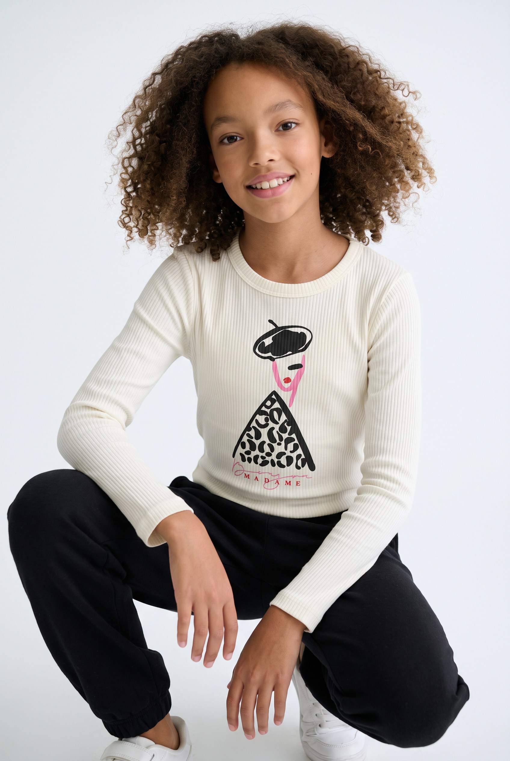 9-14 Yaş Kız Çocuk Baskılı Ribana Sweatshirt Krem