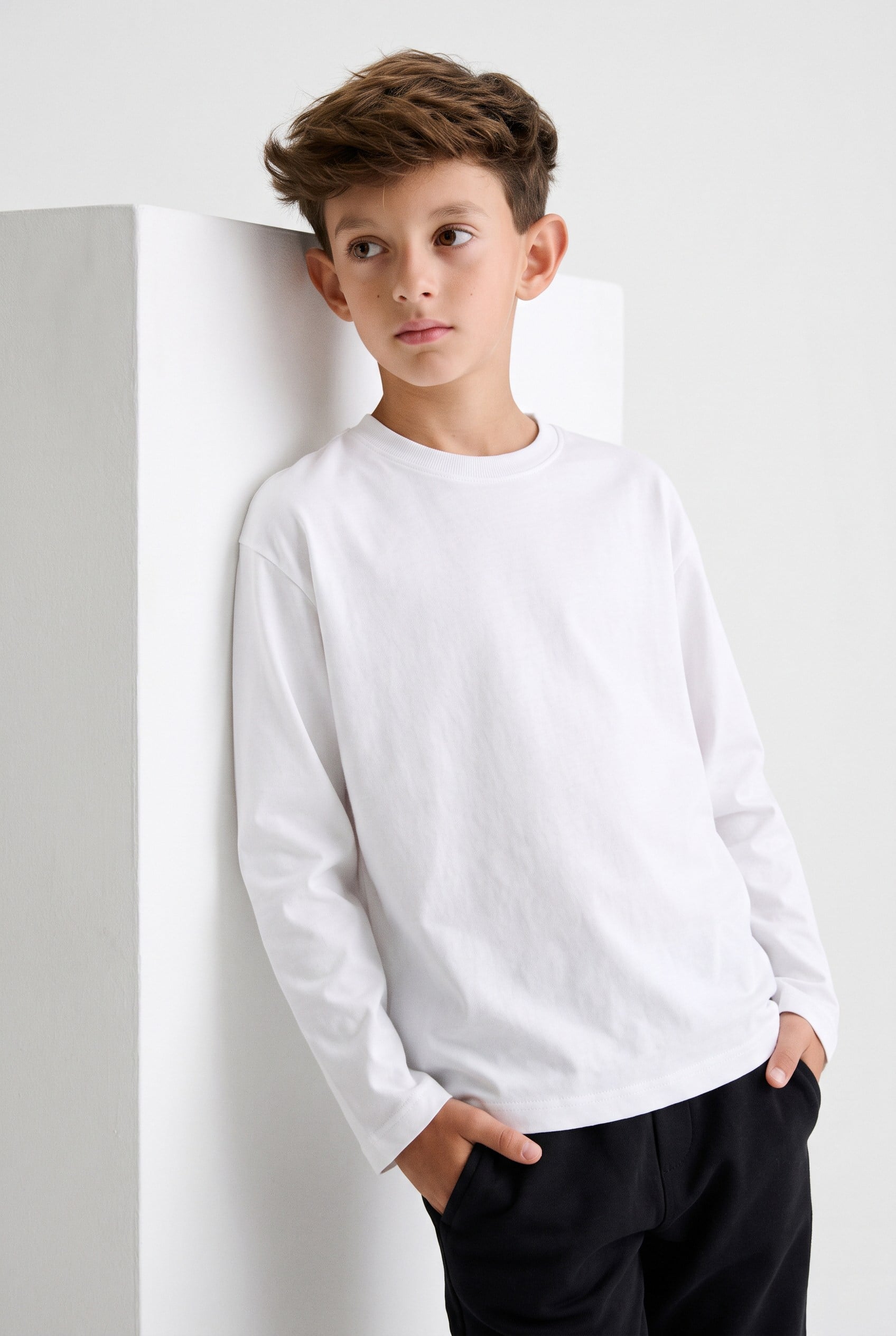 9-14 Yaş Erkek Çocuk Lycralı Düz Basıc Sweatshirt Beyaz