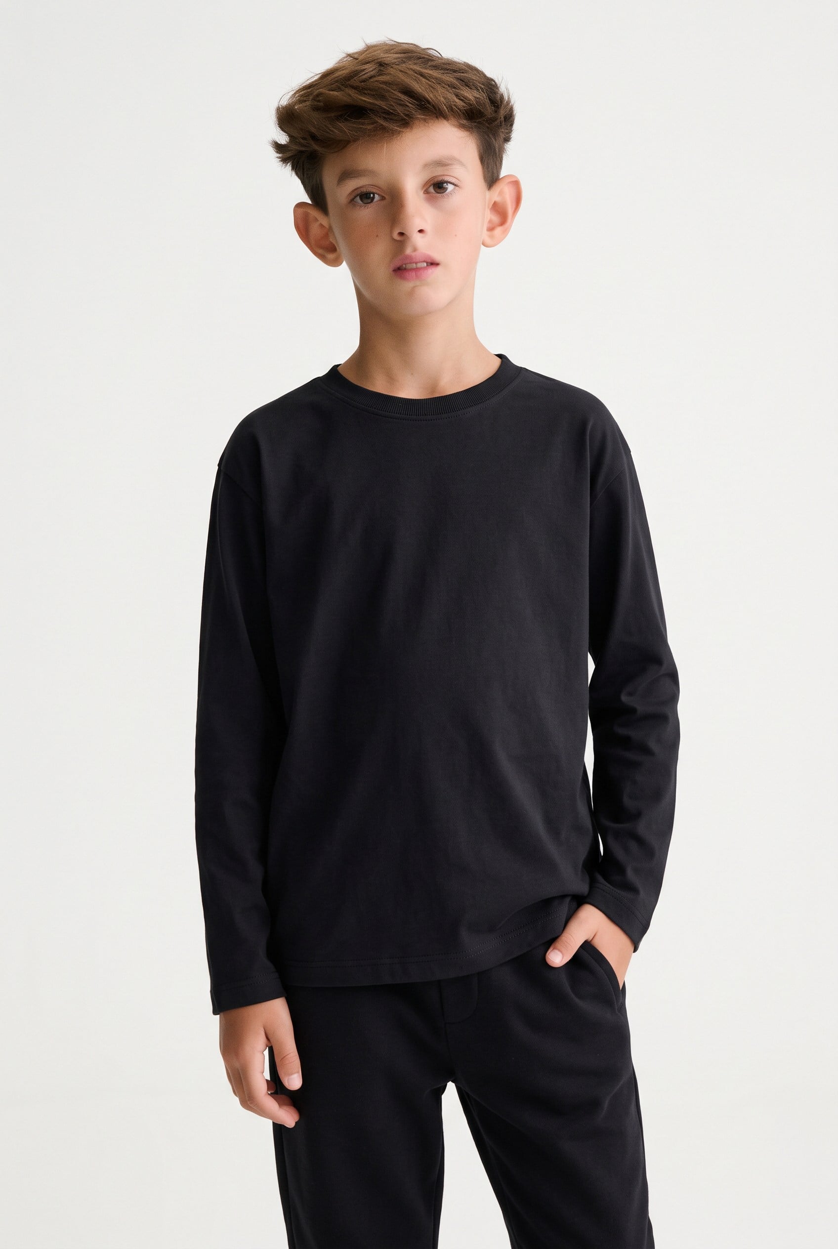 9-14 Yaş Erkek Çocuk Lycralı Düz Basıc Sweatshirt Siyah