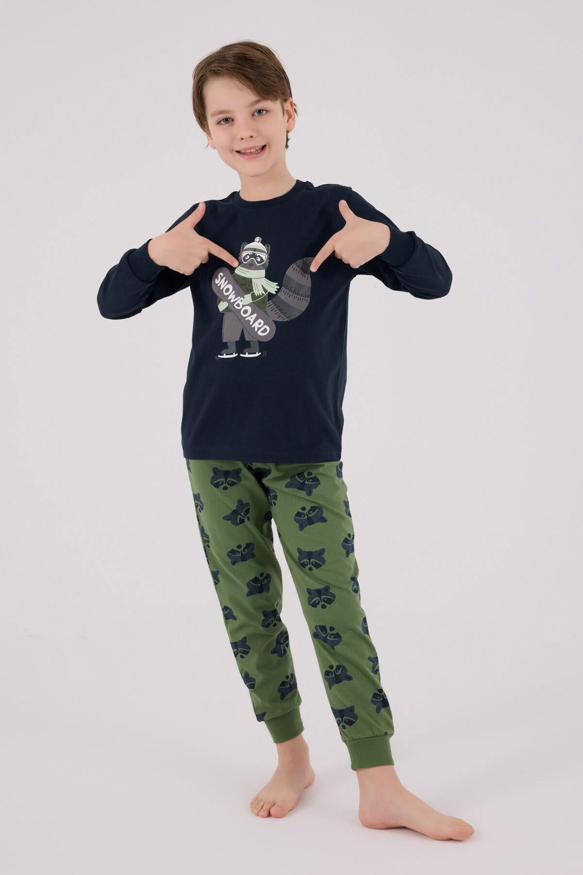 Rolypoly Erkek Çocuk Snowboard Baskılı Uzun Kol Pijama Takım Lacivert