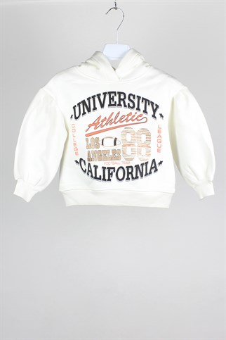 4-14 Yaş Escabel Kız Çocuk Balon Kol Kapşonlu Sweatshirt Beyaz