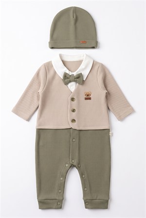 0-9 Ay Erkek Bebek Formal Boy Takım Görünümlü Patiksiz Tulum Şapka Set Haki