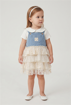 Kız Bebek Tül Etekli Kot Elbise Takım Mavi