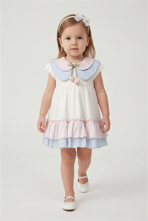 Kız Bebek Bebe Yaka Laleli Poplin Elbise Mavi