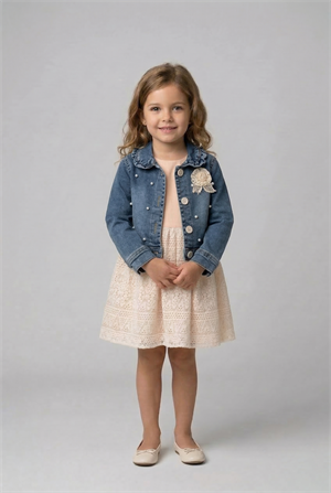 Kız Çocuk İncili Kot Ceket Ve Elbise Takım Bej