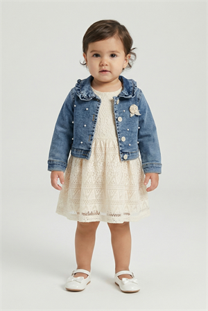 Kız Çocuk İncili Kot Ceket Ve Elbise Takım Krem
