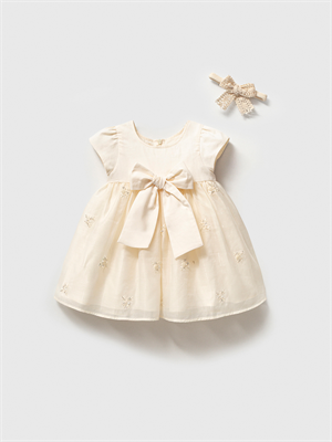 Fiyonklu Ve Taş Detaylı Kız Bebek Elbise Krem