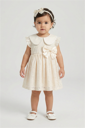 Kız Bebek Saç Bantlı Bebe Yaka Elbise Krem