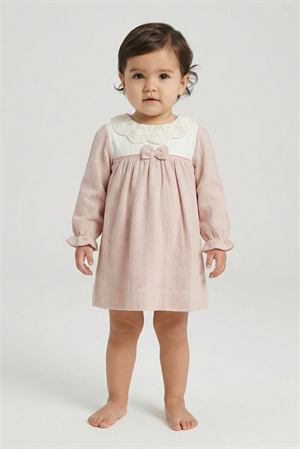 Kız Bebek Yakası Güpürlü Uzun Kol Elbise Pembe