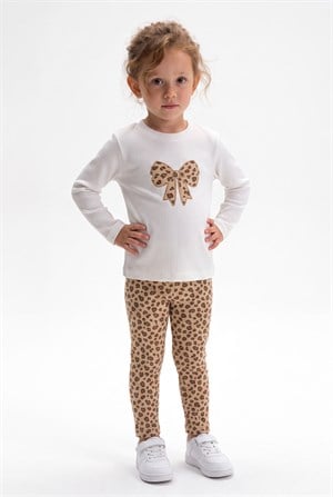 4-8 Yaş Kız Çocuk Leopard Fine Ribana Takım Krem