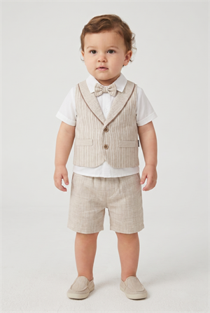 Erkek Bebek Yelek Parçalı Papyon Şort Takım Bej