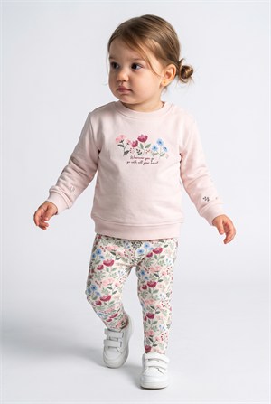 1-4 Yaş Kız Bebek Flover Garden Ribana Taytlı Sweat Takım Pembe