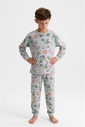 9-13 Yaş Cartoon Print Pamuklu Çocuk Pijama Takım Yeşil