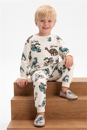 4-8 Yaş Skate Dino Erkek Çocuk Pamuklu  Pijama Takım Bej