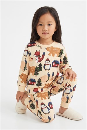 4-8 Yaş Jungel Animals Pamuklu Çocuk Pijama Takım Bej